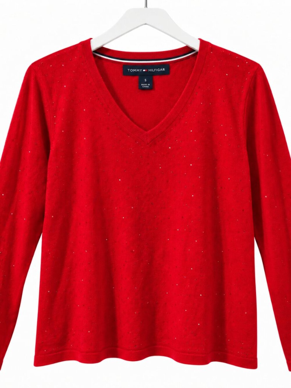 Tommy Hilfiger Women’s Small Red Sparkle V-Neck Sweater Holiday